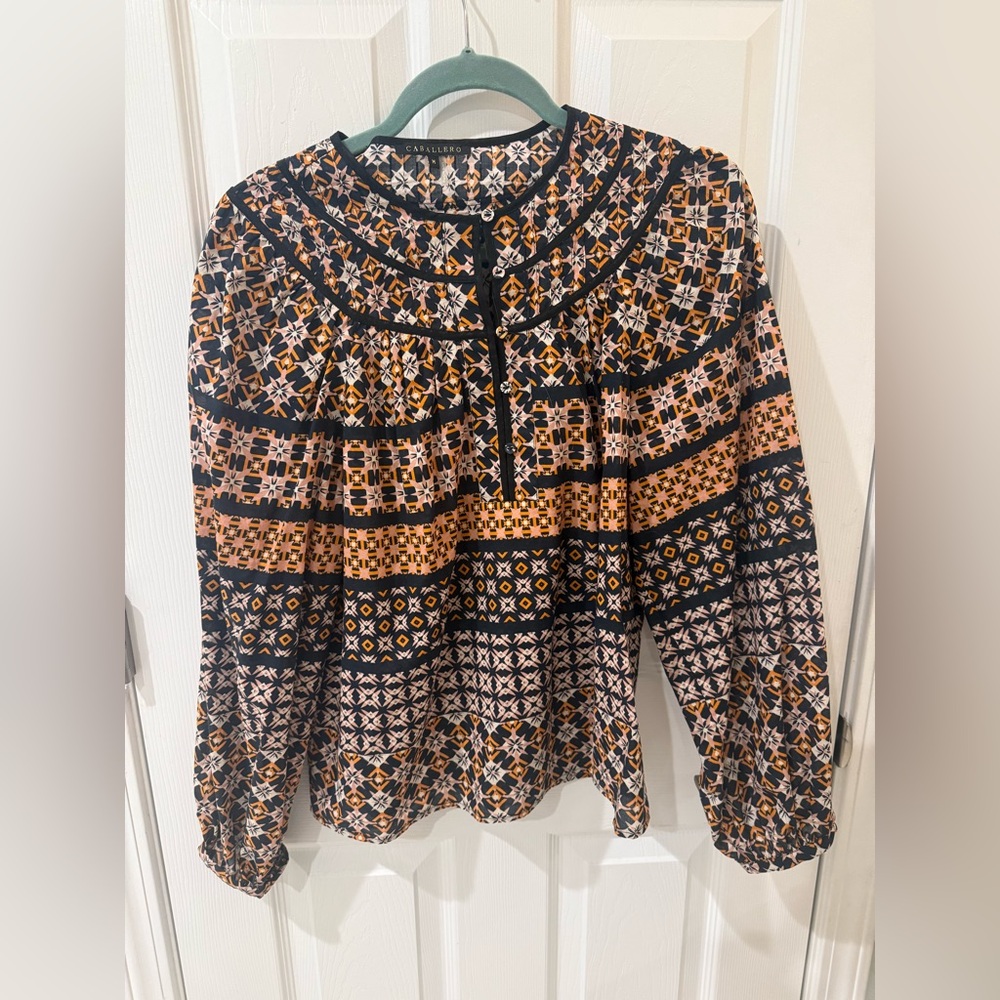 Caballero Black and Orange Graphic Long Sleeve Blouse
